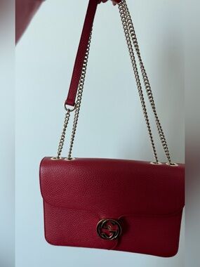 Gucci Red Leather Shoulder Bag with Gold Chain